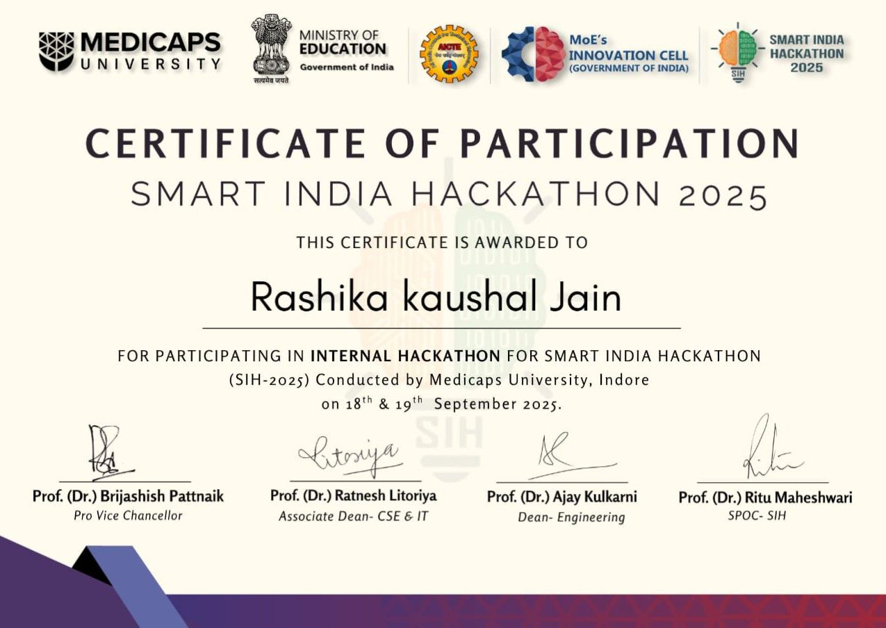 Smart India Hackathon Certificate